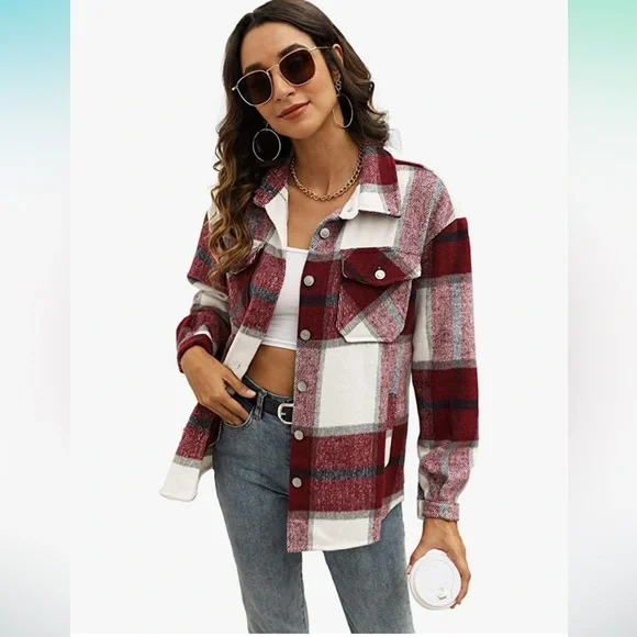 NWT Plaid Shacket Burgundy XS - Picture 1 of 5